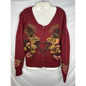 Robin Sinkler Worsted Wool Cardigan Sweater Floral Embroidery Size Large Vintage